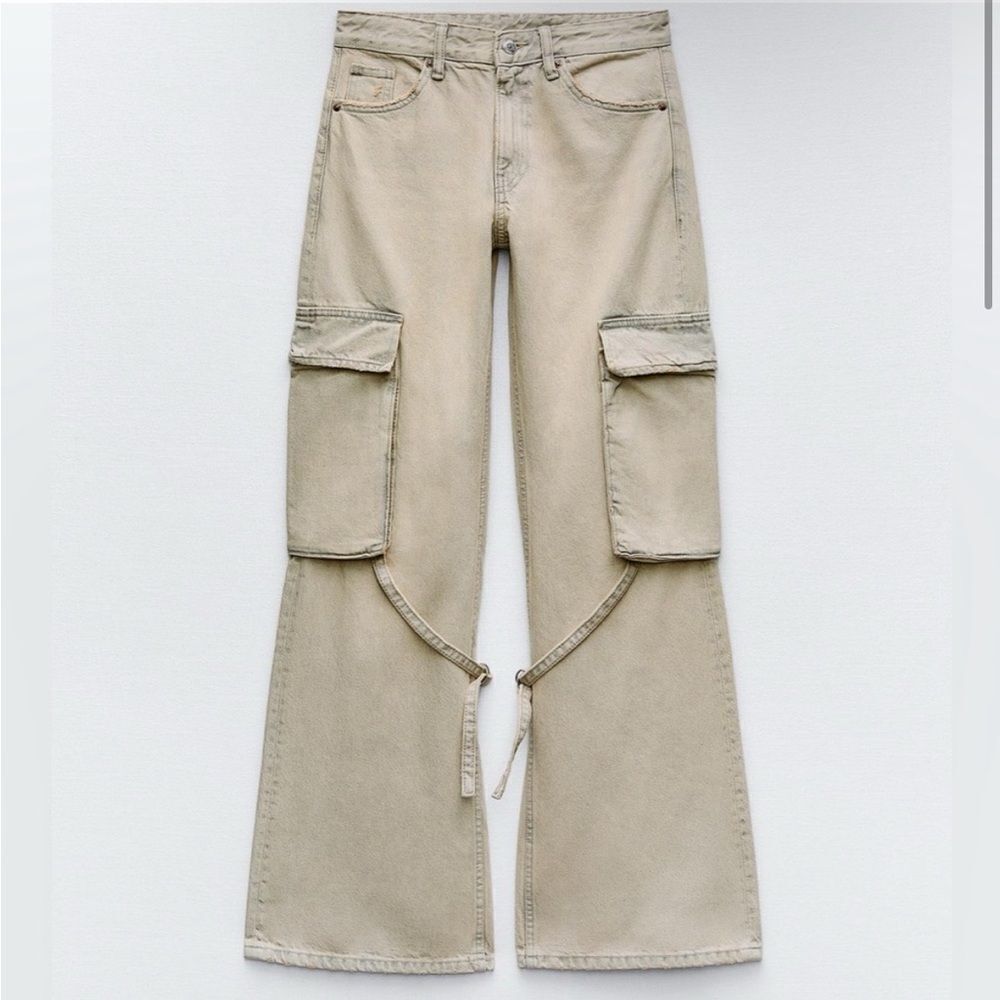 NWT Zara TRF Mid Rise Cargo Baggy Loose Fit Light Tan Wide Leg Y2K Denim